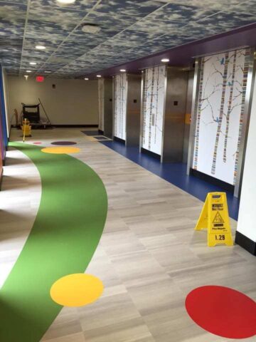 Image inside the colorful hallway of the children's section in Wesley Medical Center